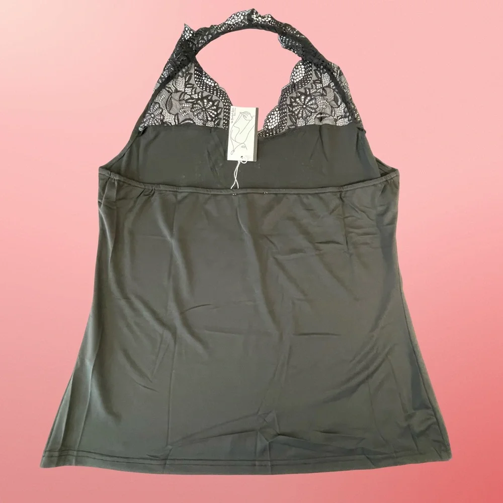 WBQ Black Stretchy Lace Halter Rhinestone Cross Gothic Sleeveless Top SzXXL - Picture 9 of 12